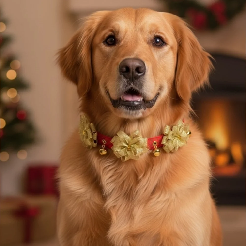Festive Red & Gold Floral Jingle Bell Dog Collar - Christmas Holiday Size M/L